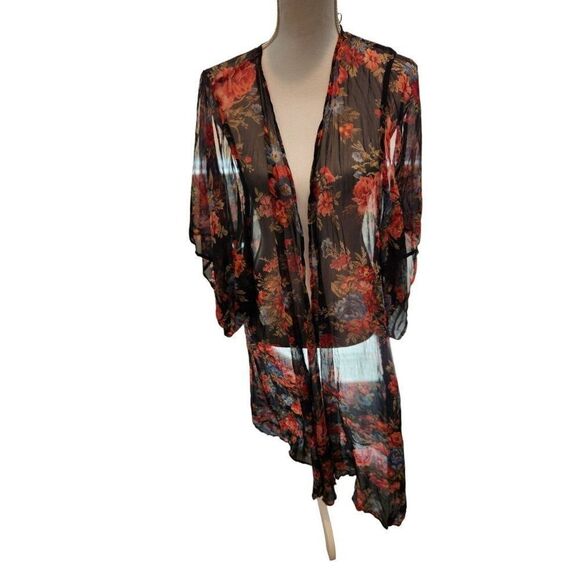 Foreign Exchange Womens Sheer Floral Black Kimono L Cover Up Open Front Duster - Picture 1 of 9